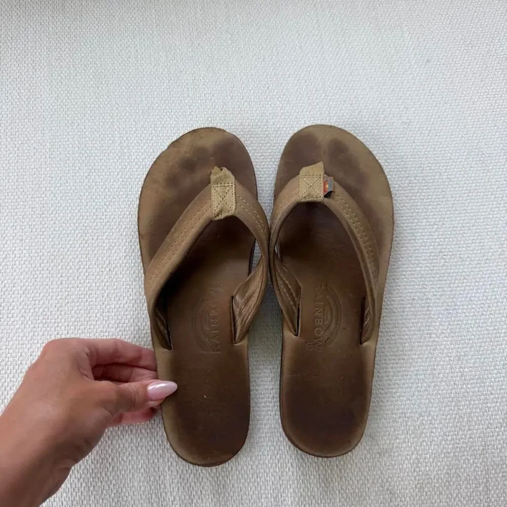 Rainbow brown leather flip flops